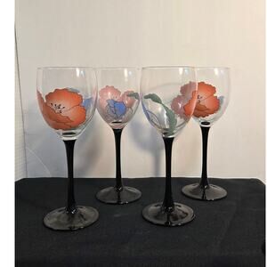 Luminarc France Poppy Wine Glasses Black Stem Floral Set of 4